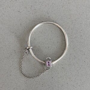 Sterling Silver “925” Elegant Lock & Key Charm Bracelet with Pink Gemstone